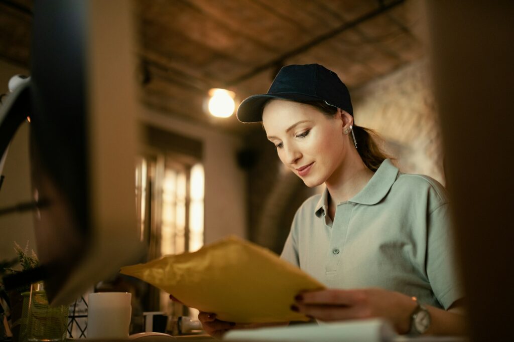 Young female courier working in the office.